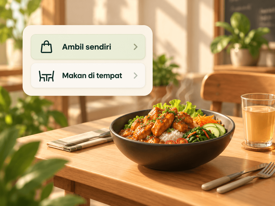 Pilihan “Ambil sendiri” dan “Makan di tempat” di atas semangkuk makanan