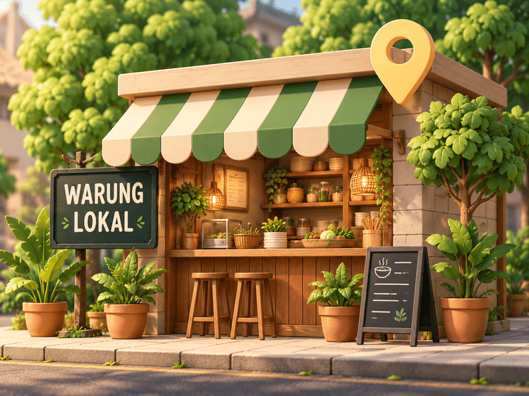 Ilustrasi warung lokal dengan penanda lokasi