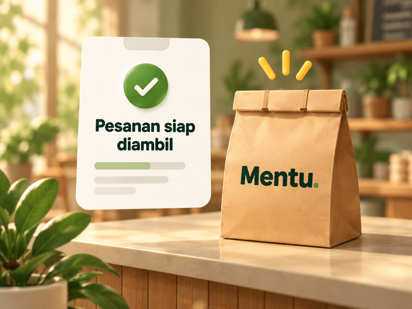 Notifikasi “Pesanan siap diambil” di samping tas kertas Mentu